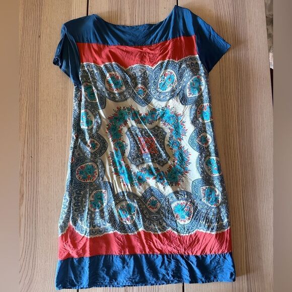 Anthropologie Meadow Rue Silk Tunic Dress in Blue and Red Boho pattern- Size M - Picture 4 of 7
